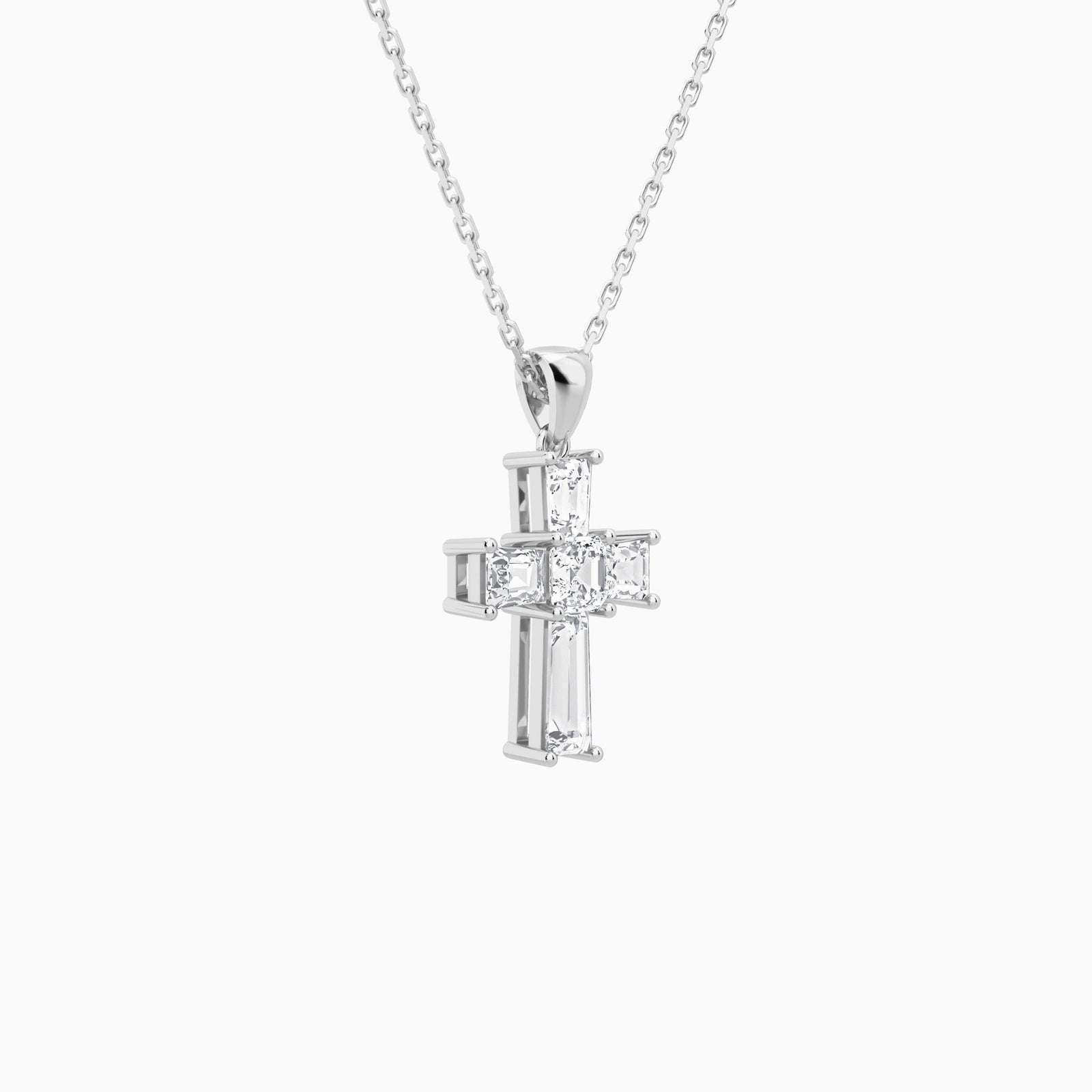 Tapered Baguette and Asscher Lab Grown Diamond Cross Pendant In 14K White Gold - Front Angle View