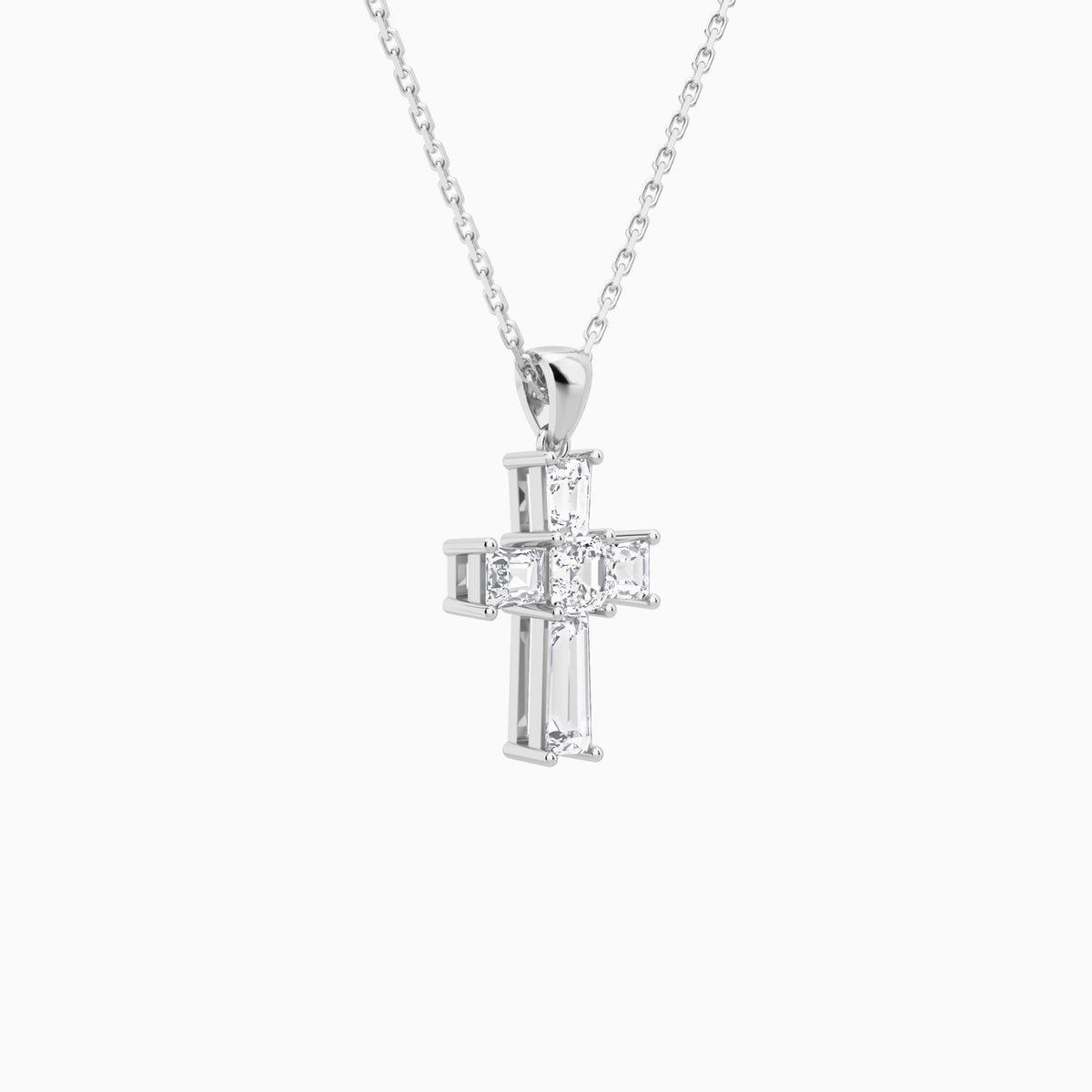 Tapered Baguette and Asscher Lab Grown Diamond Cross Pendant In 18K White Gold - Front Angle View