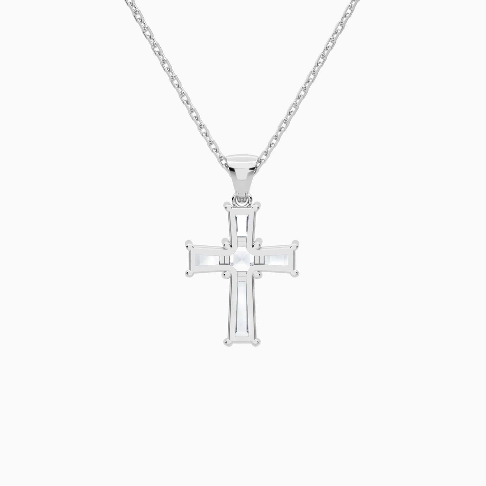 Tapered Baguette and Asscher Lab Grown Diamond Cross Pendant In 14K White Gold - Back View