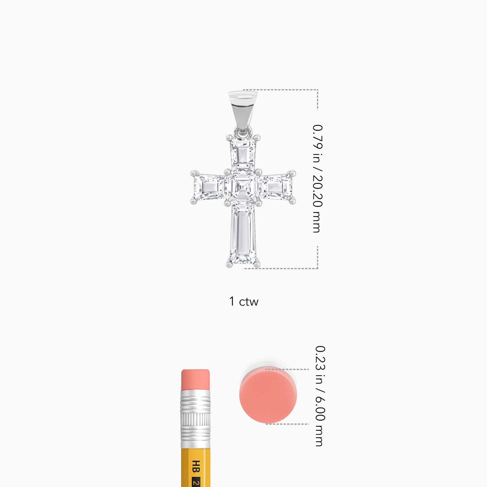 Tapered Baguette and Asscher Lab Grown Diamond Cross Pendant In 14K White Gold - Size Comparison
