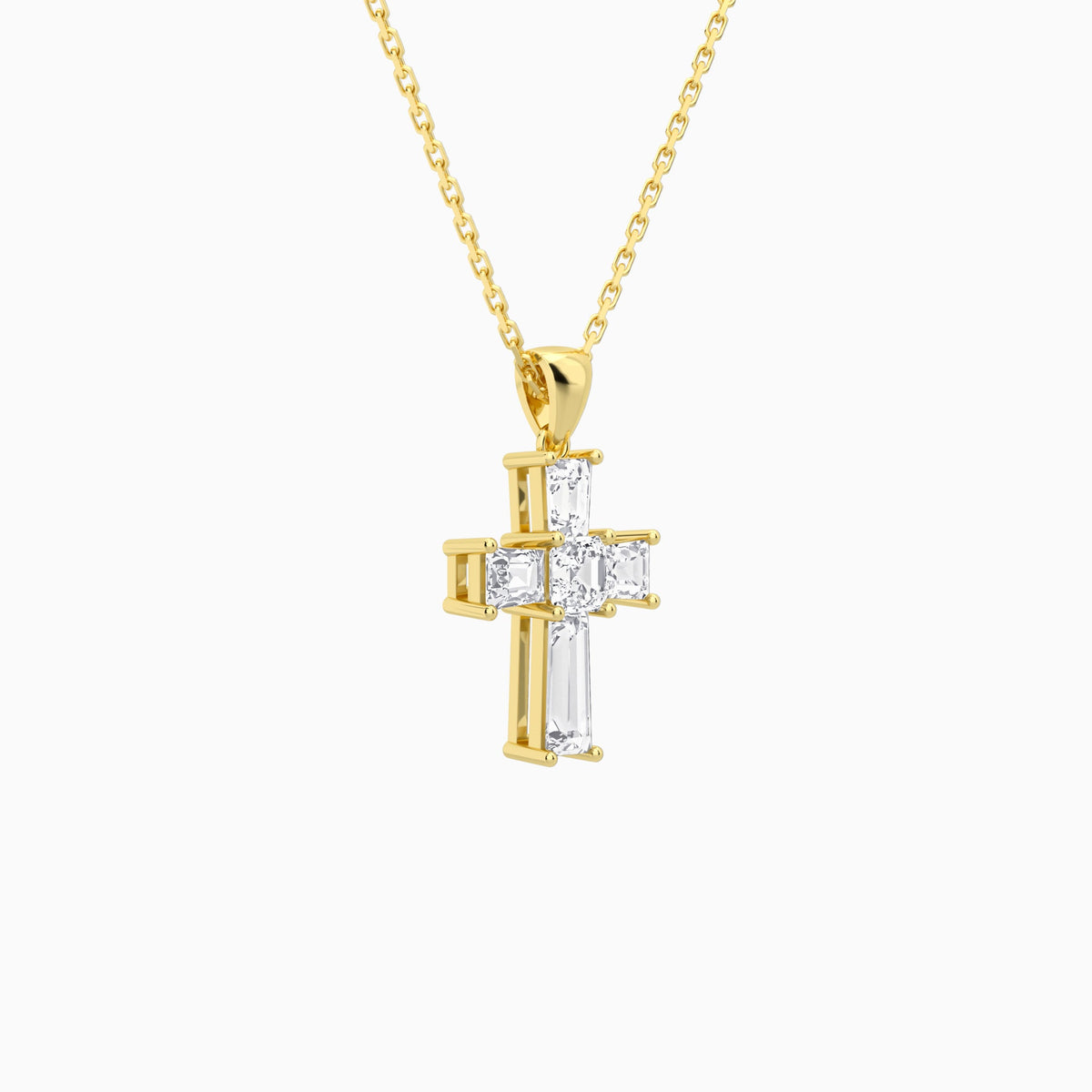 Tapered Baguette and Asscher Lab Grown Diamond Cross Pendant In 14K Yellow Gold - Front Angle View