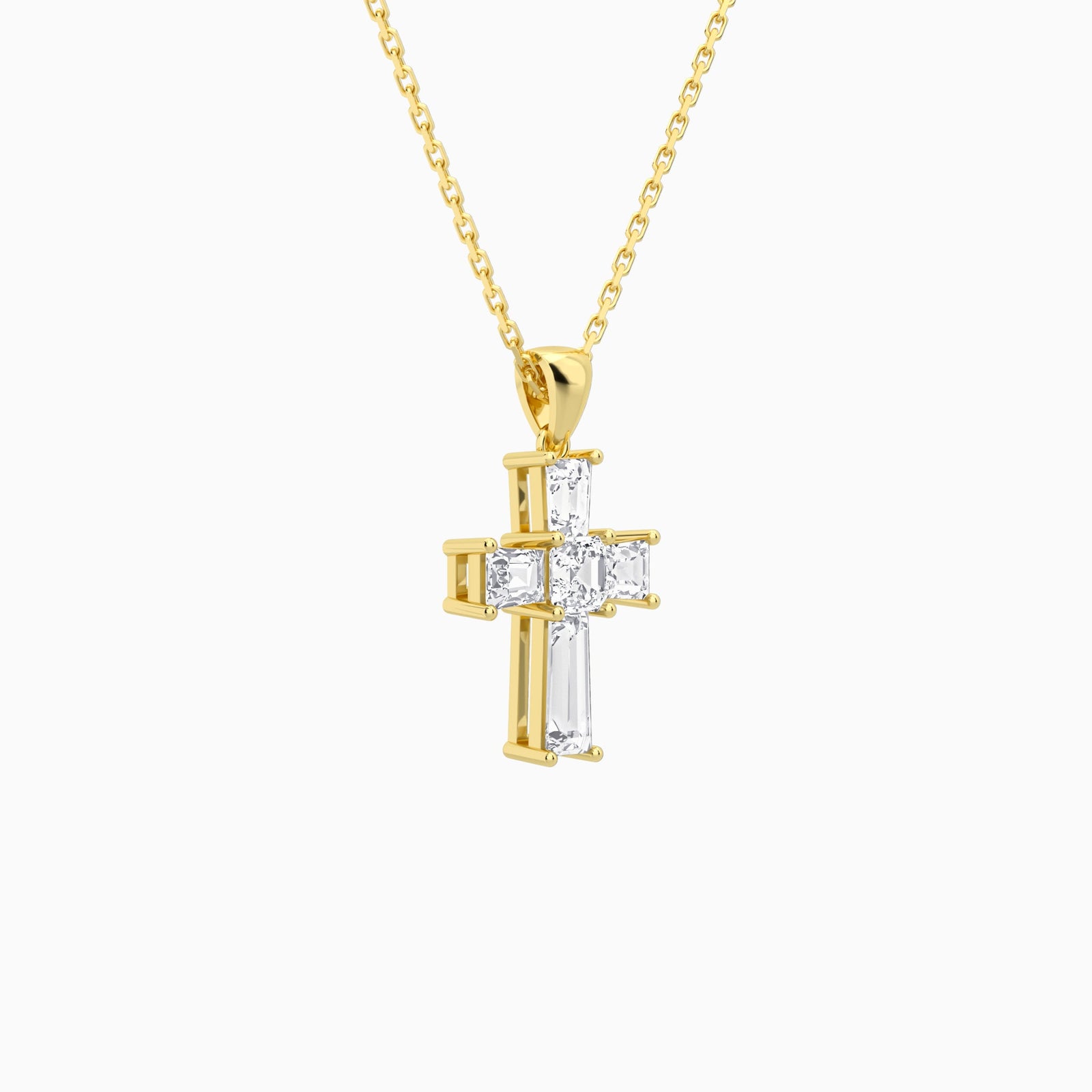 Tapered Baguette and Asscher Lab Grown Diamond Cross Pendant In 14K Yellow Gold - Front Angle View