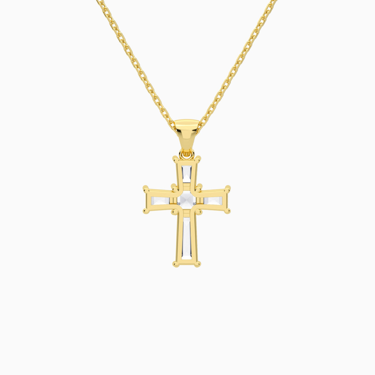 Tapered Baguette and Asscher Lab Grown Diamond Cross Pendant In 18K Yellow Gold - Back View