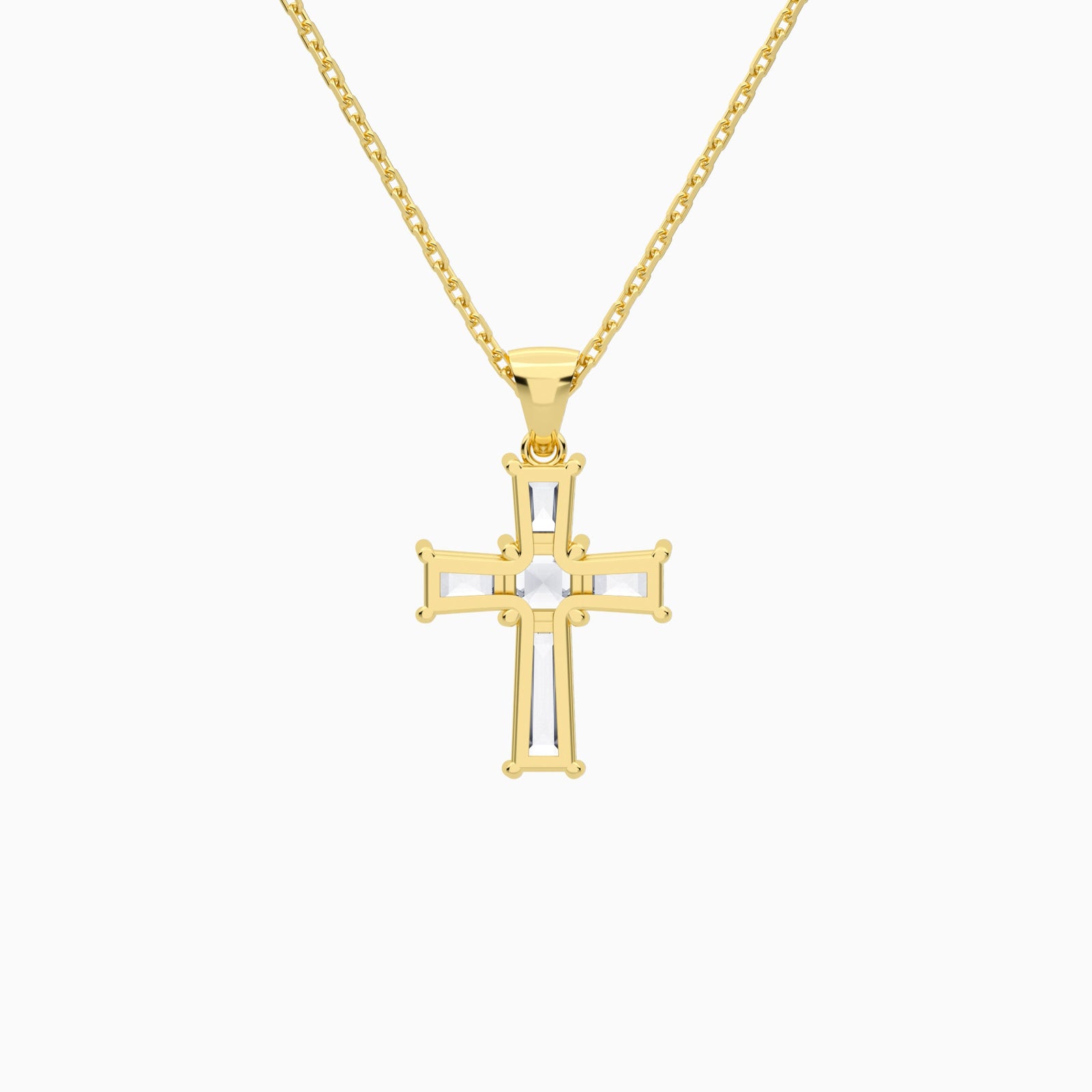 Tapered Baguette and Asscher Lab Grown Diamond Cross Pendant In 14K Yellow Gold - Back View