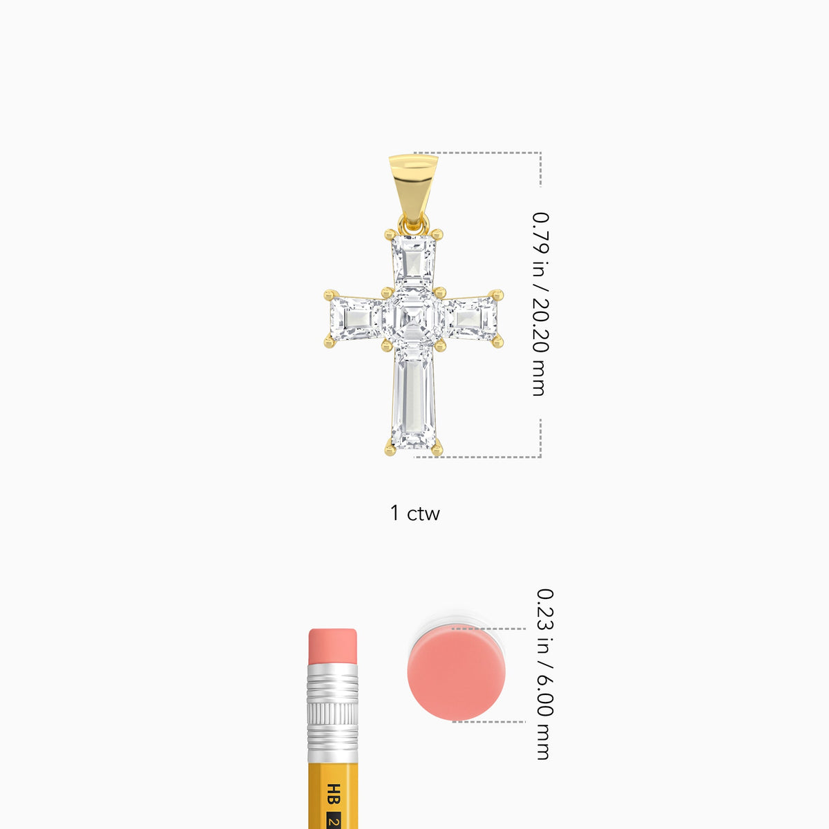 Tapered Baguette and Asscher Lab Grown Diamond Cross Pendant In 18K Yellow Gold - Size Comparison