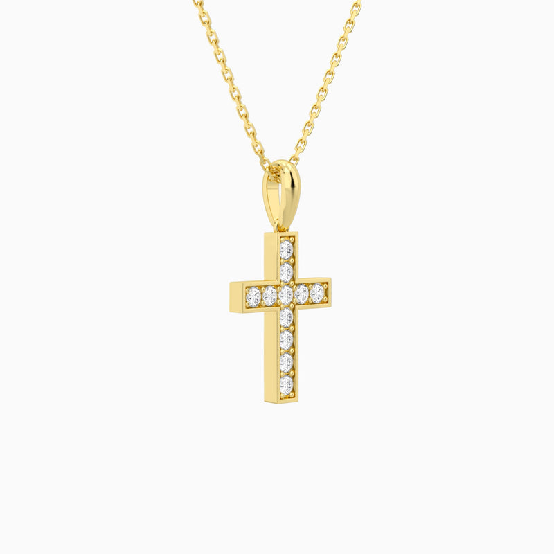 Bead Bright Set Lab Grown Diamond Cross Pendant Necklace In 14K Yellow Gold - Front Angle View