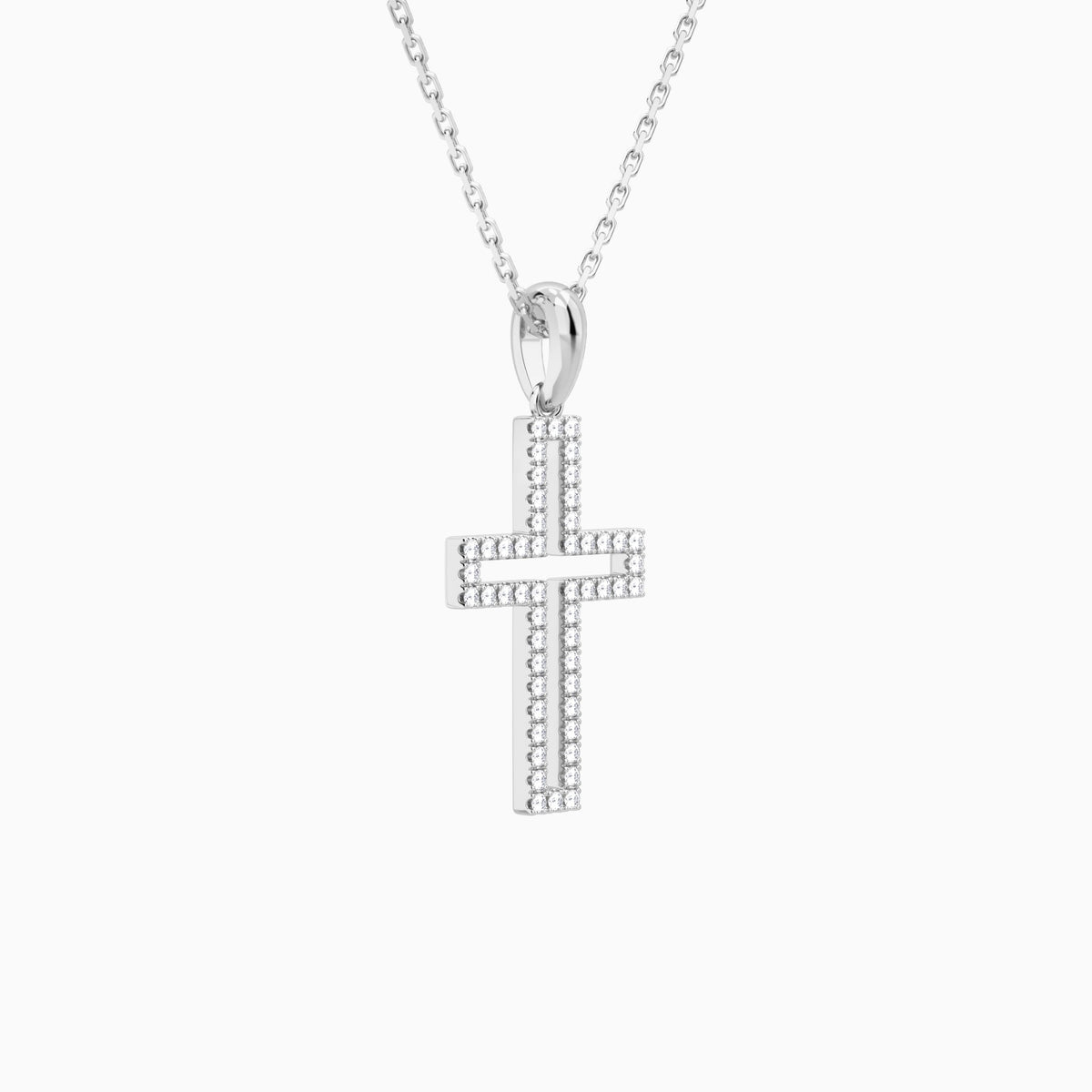 Classic Lab Grown Diamond Open Cross Pendant Necklace In 18K White Gold - Front Angle View