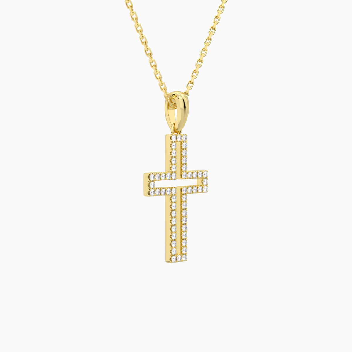 Classic Lab Grown Diamond Open Cross Pendant Necklace In 18K Yellow Gold - Front Angle View