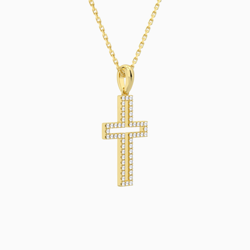 Classic Lab Grown Diamond Open Cross Pendant Necklace In 14K Yellow Gold - Front Angle View