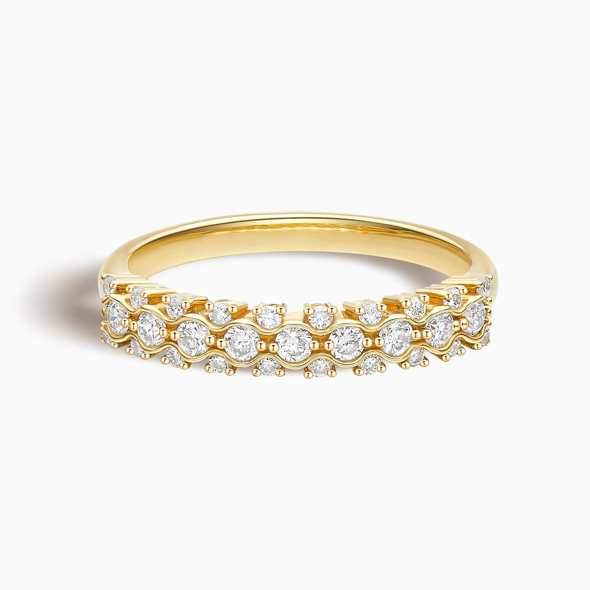 Three Row Wavy Prong Band in 14K Yellow Gold
