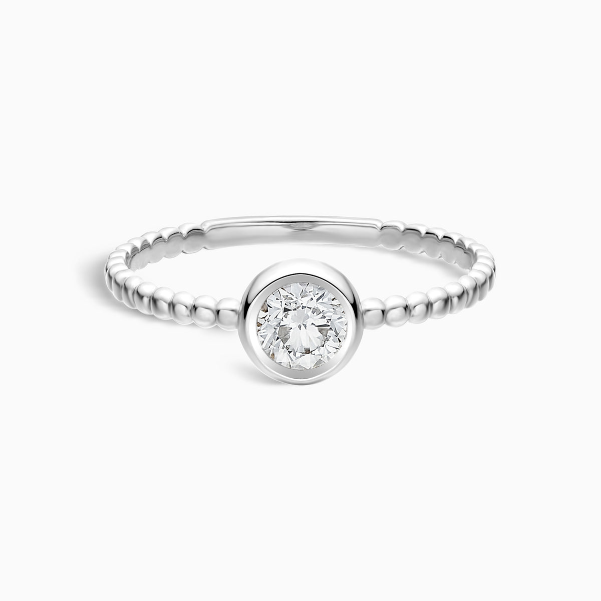 Delicate Beaded Bezel Set Solitaire Diamond Ring in 14K White Gold