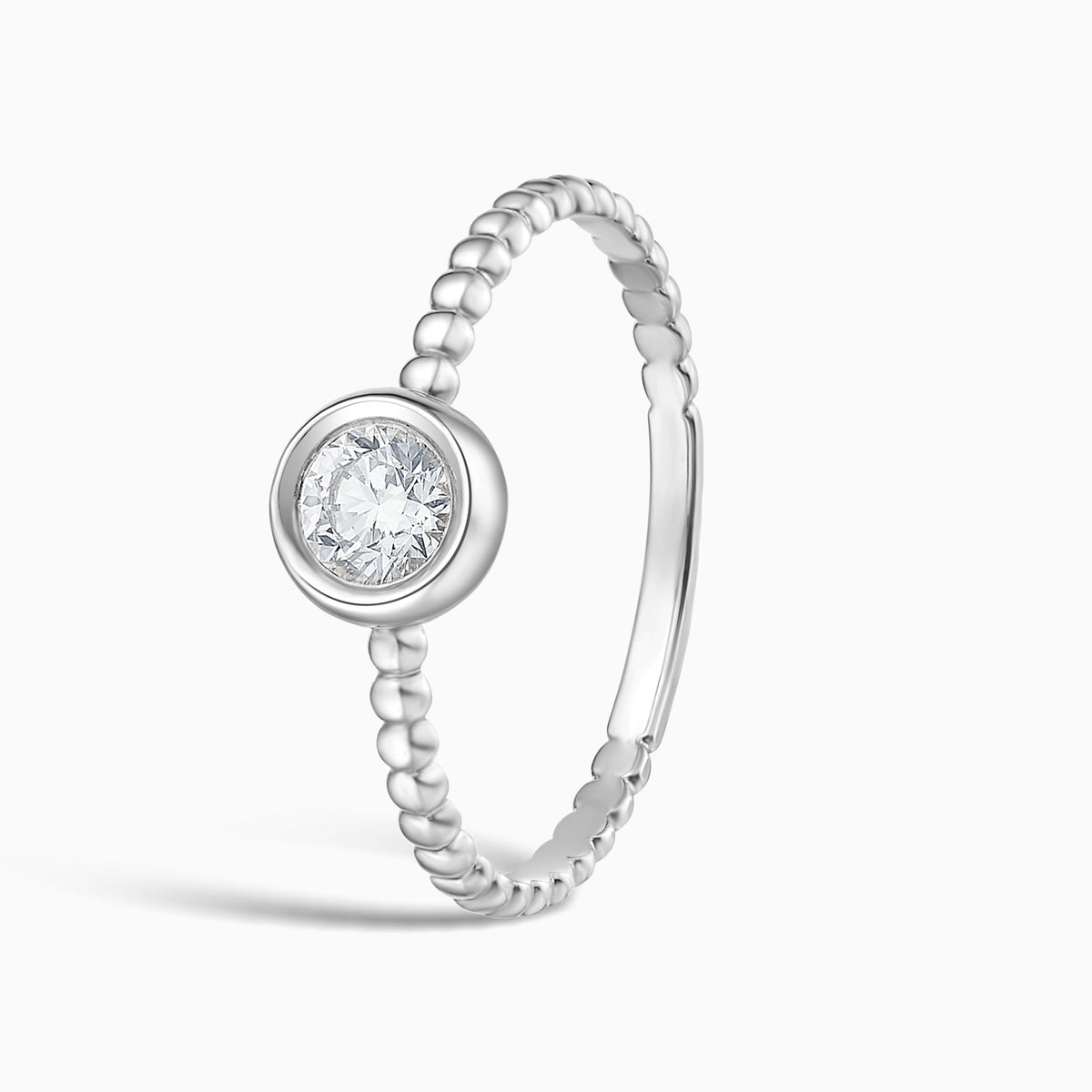 Delicate Beaded Bezel Set Solitaire Diamond Ring in 18K White Gold