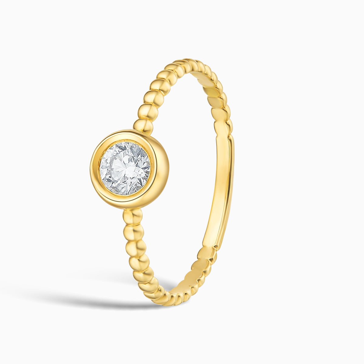 Delicate Beaded Bezel Set Solitaire Diamond Ring in 14K Yellow Gold