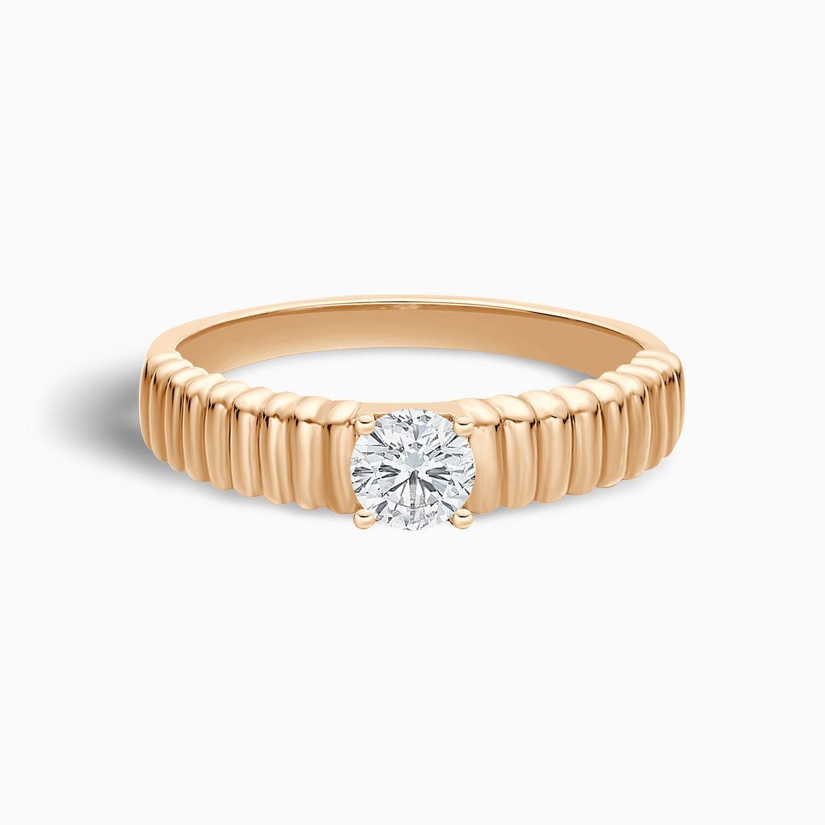 Ribbed Shank Four Prong Solitaire Diamond Ring in 14K Rose Gold