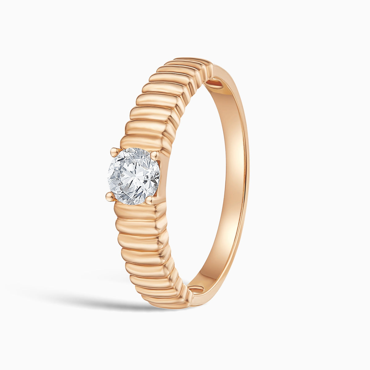 Ribbed Shank Four Prong Solitaire Diamond Ring in 14K Rose Gold