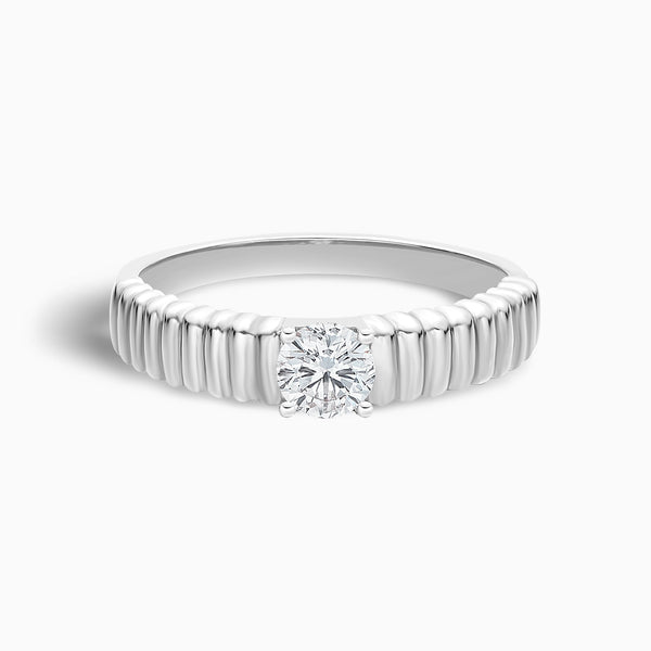 Ribbed Shank Four Prong Solitaire Diamond Ring in 18K White Gold
