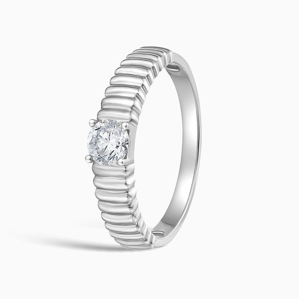 Ribbed Shank Four Prong Solitaire Diamond Ring in 18K White Gold