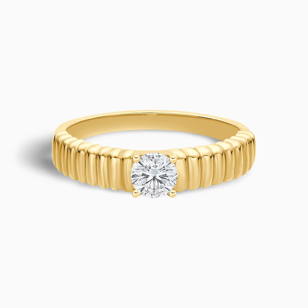 Ribbed Shank Four Prong Solitaire Diamond Ring in 14K Yellow Gold