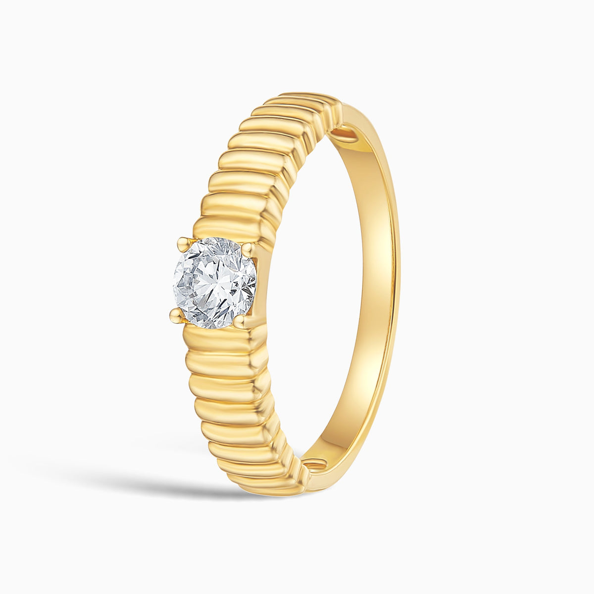 Ribbed Shank Four Prong Solitaire Diamond Ring in 14K Yellow Gold