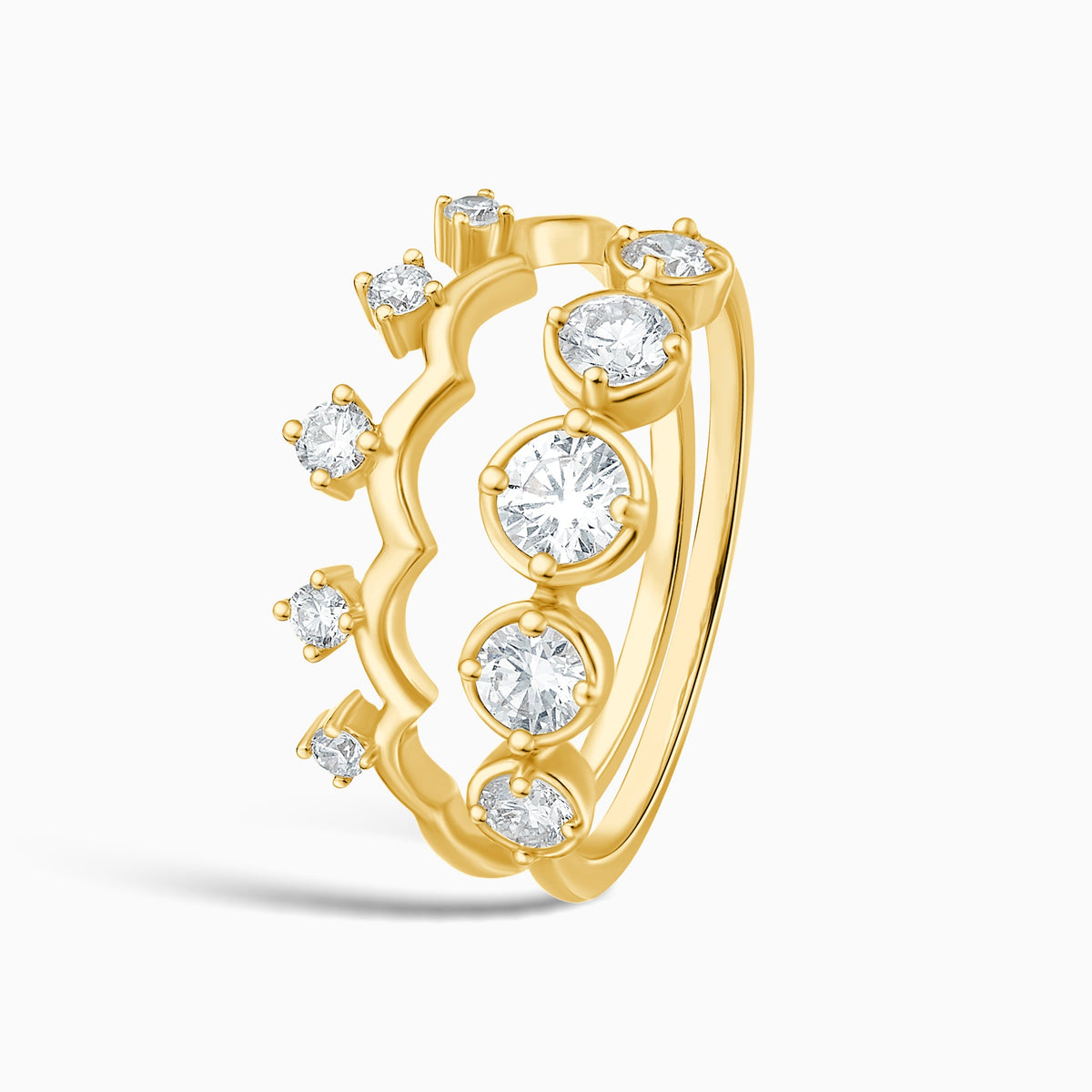 Crowned Duo Stackable Half Eternity Diamond Band in 14K Yellow Gold