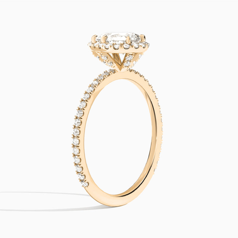 Pear Luxe Calantha Halo Lab Diamond Engagement Ring In 14K Rose Gold, Angle View
