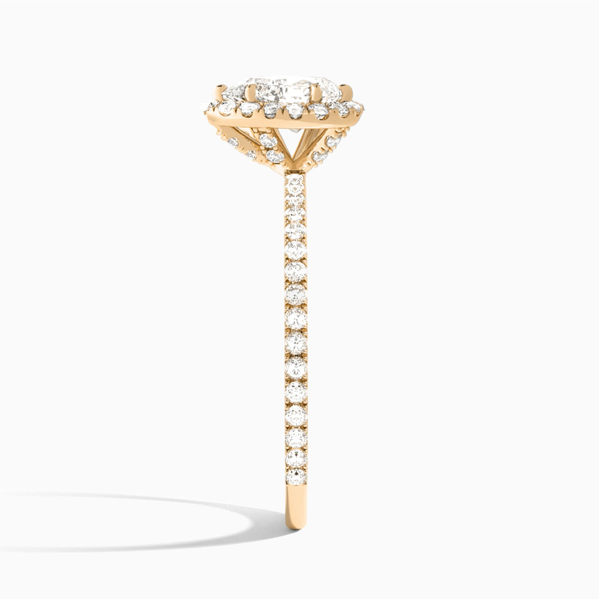 Pear Luxe Calantha Halo Lab Diamond Engagement Ring In 14K Rose Gold, Side View