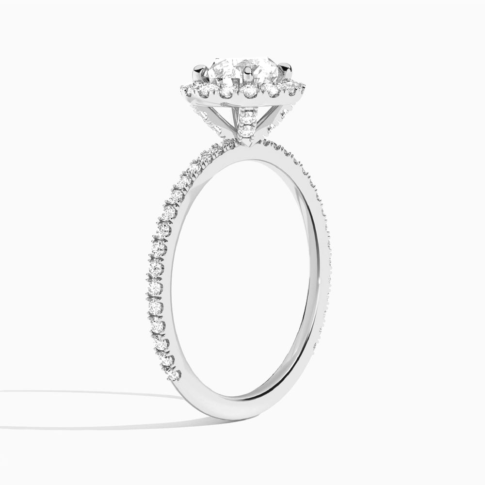 Round Luxe Calantha Halo Lab Diamond Engagement Ring In 14K White Gold, Angle View