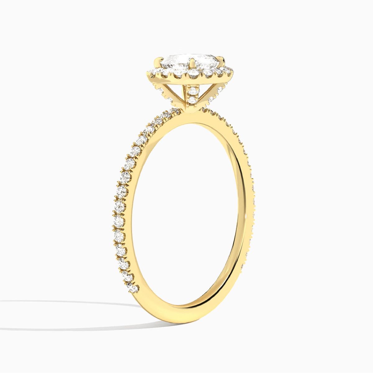 Cushion Luxe Calantha Halo Lab Diamond Engagement Ring In 14K Yellow Gold, Angle View