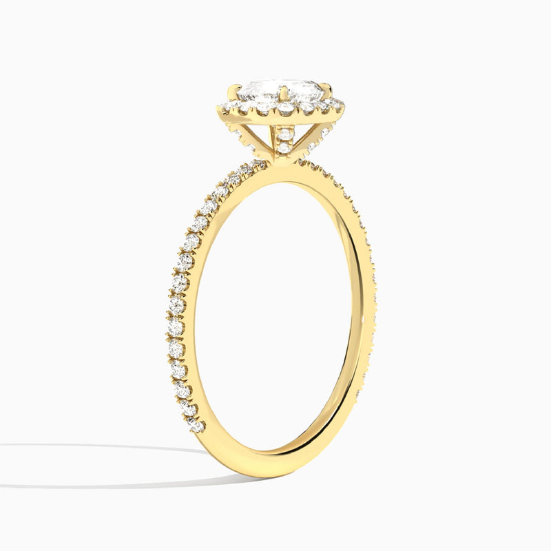 Cushion Luxe Calantha Halo Lab Diamond Engagement Ring In 18K Yellow Gold, Angle View