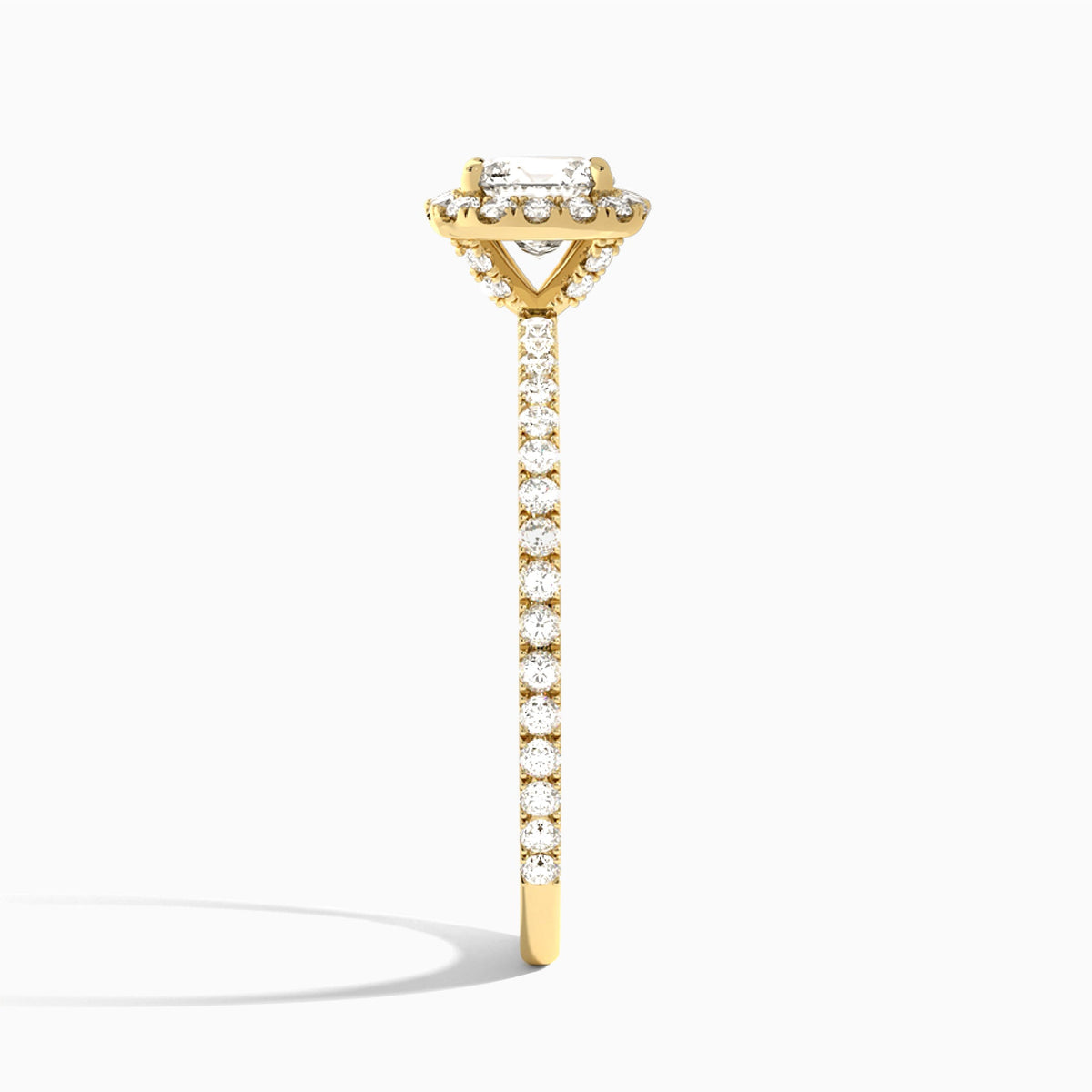 Cushion Luxe Calantha Halo Lab Diamond Engagement Ring In 18K Yellow Gold, Side View