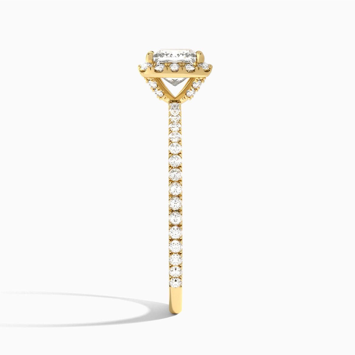 Princess Luxe Calantha Halo Lab Diamond Engagement Ring In 18K Yellow Gold, Side View