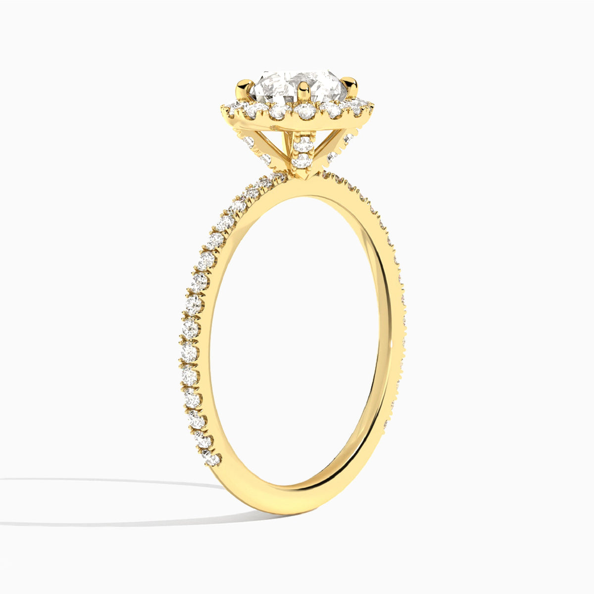 Round Luxe Calantha Halo Lab Diamond Engagement Ring In 14K Yellow Gold, Angle View