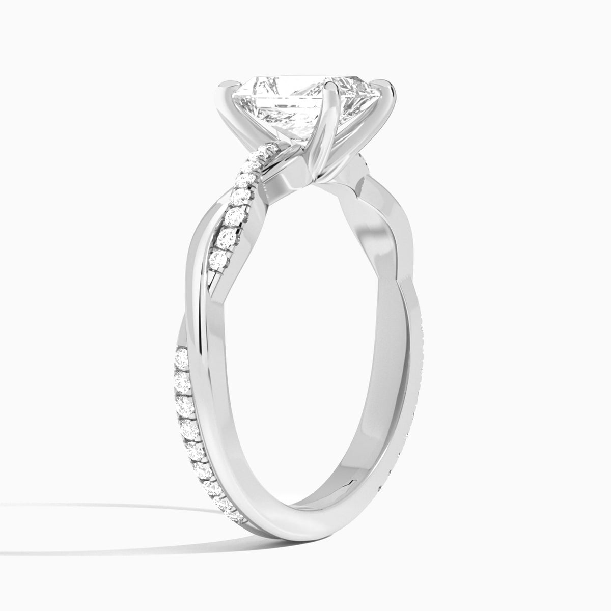 Radiant Accented Twisted Vine Lab Diamond Engagement Ring In Platinum, Angle View