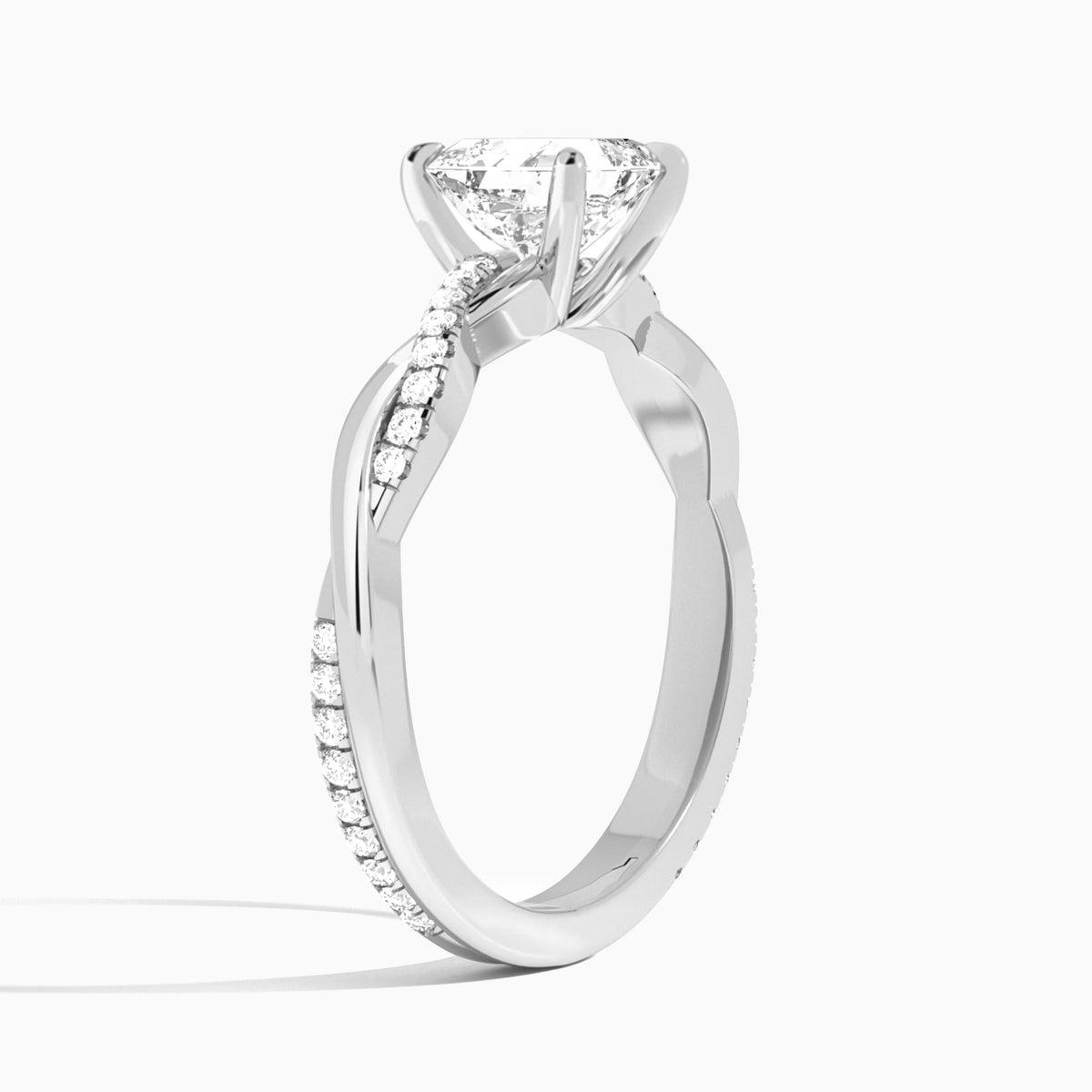 Asscher Accented Twisted Vine Lab Diamond Engagement Ring In 14K White Gold, Angle View