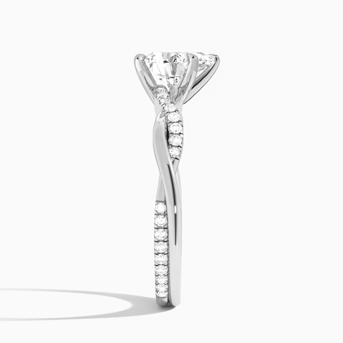 Heart Accented Twisted Vine Lab Diamond Engagement Ring In 18K White Gold, Side View