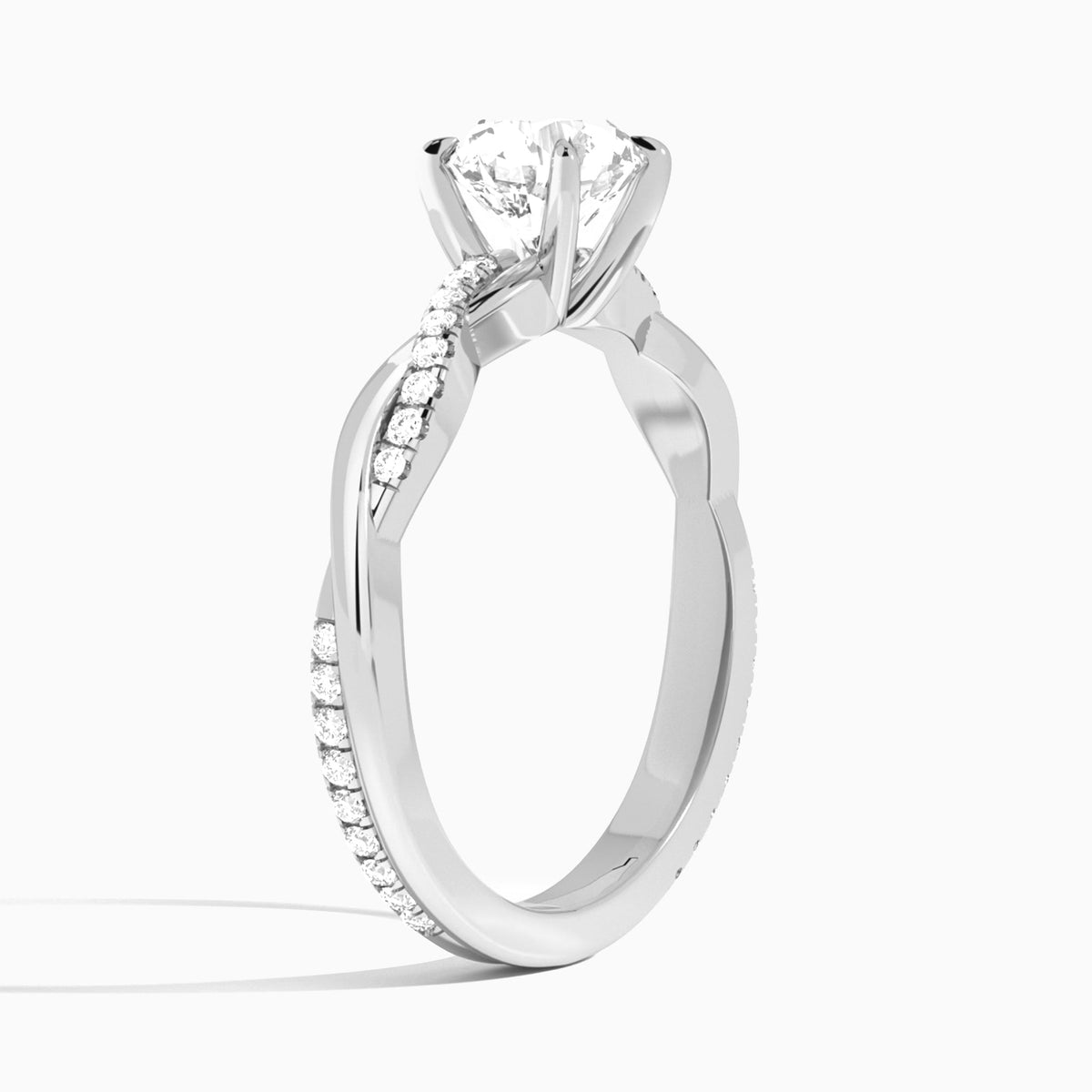 Round Accented Twisted Vine Lab Diamond Engagement Ring In 18K White Gold, Angle View