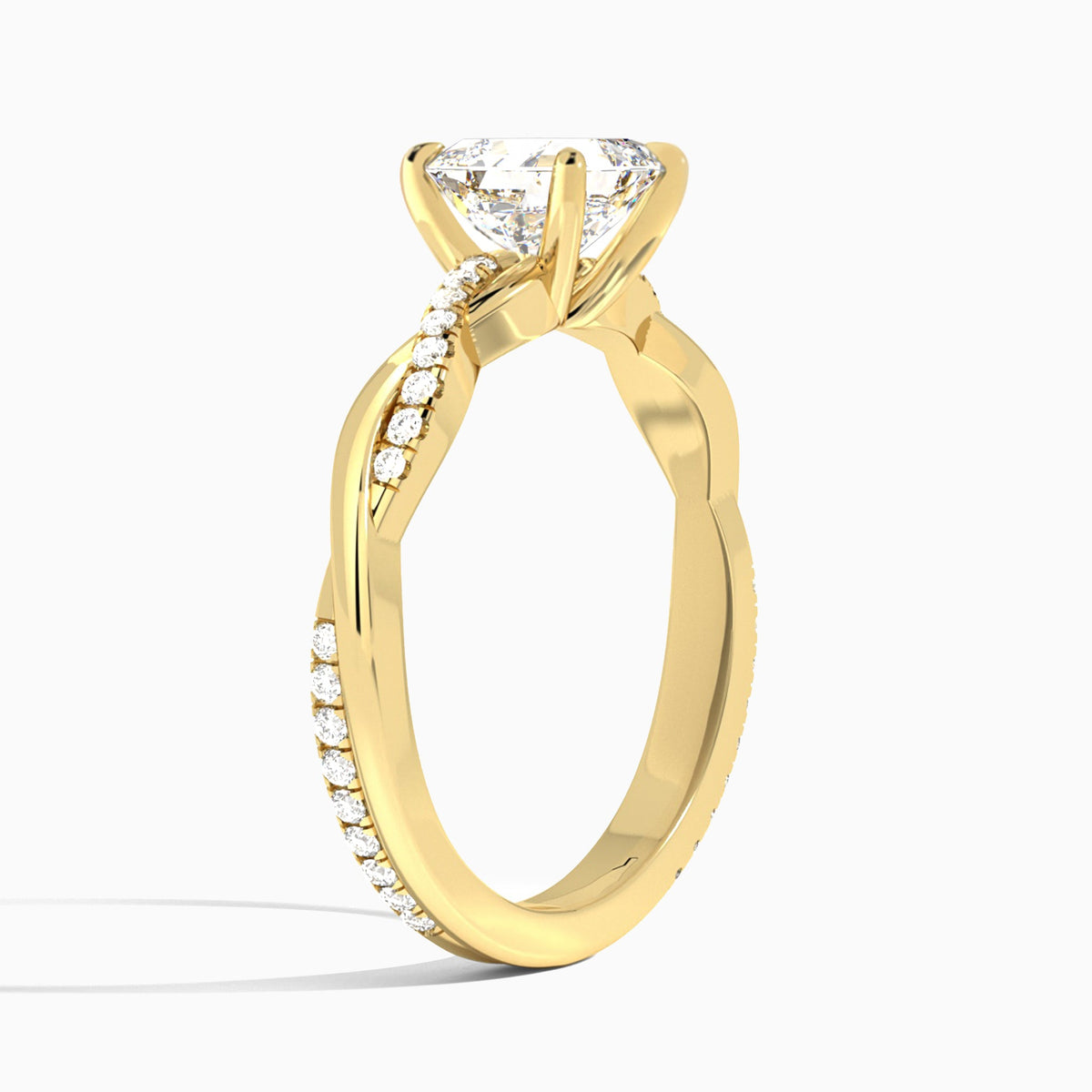 Asscher Accented Twisted Vine Lab Diamond Engagement Ring In 18K Yellow Gold, Angle View
