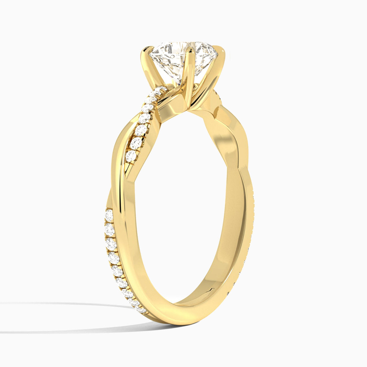 Cushion Accented Twisted Vine Lab Diamond Engagement Ring In 18K Yellow Gold, Angle View