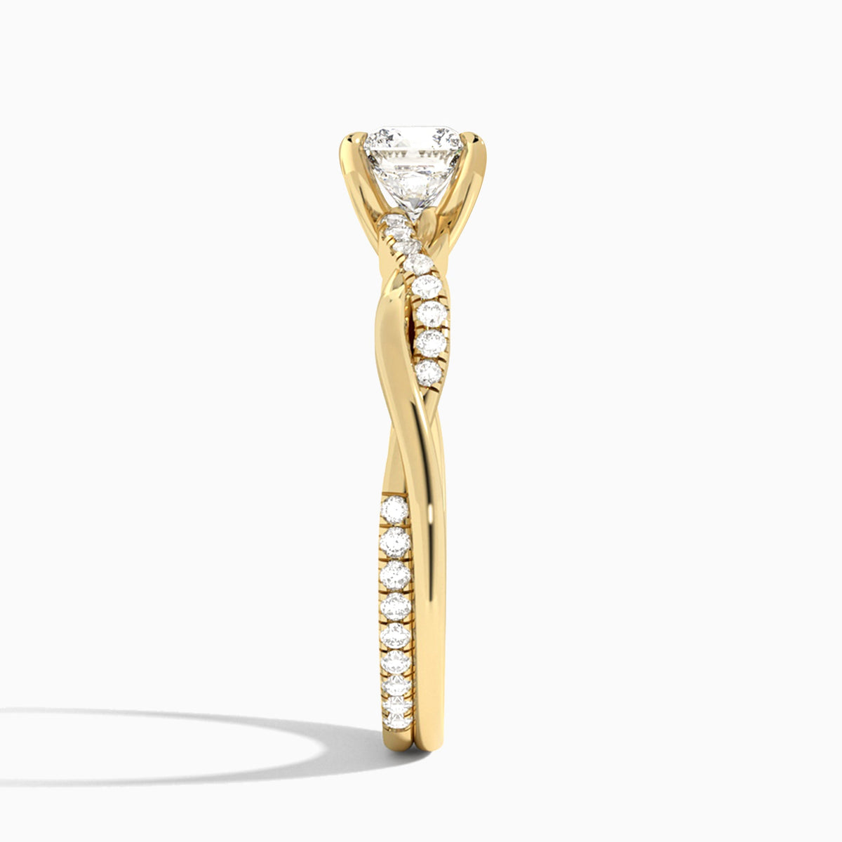 Cushion Accented Twisted Vine Lab Diamond Engagement Ring In 18K Yellow Gold, Side View