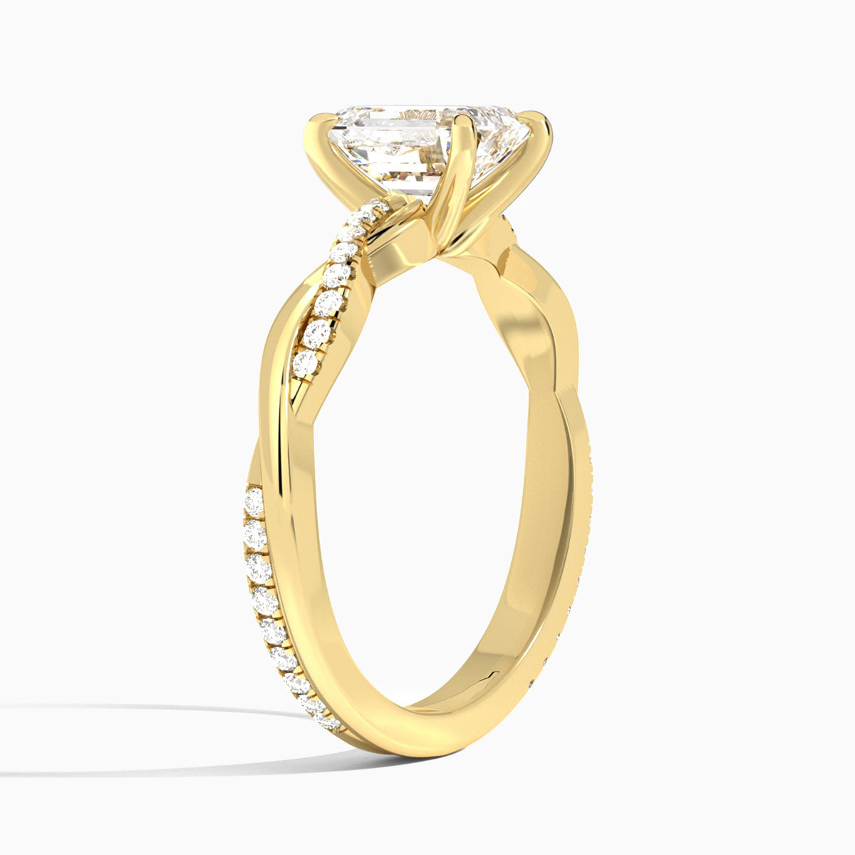 Emerald Accented Twisted Vine Lab Diamond Engagement Ring In 18K Yellow Gold, Angle View