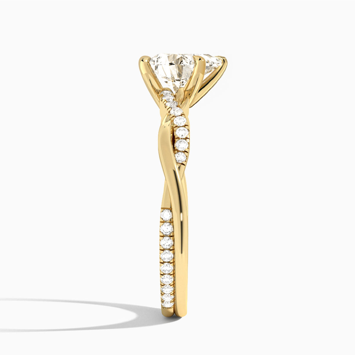 Heart Accented Twisted Vine Lab Diamond Engagement Ring In 18K Yellow Gold, Side View