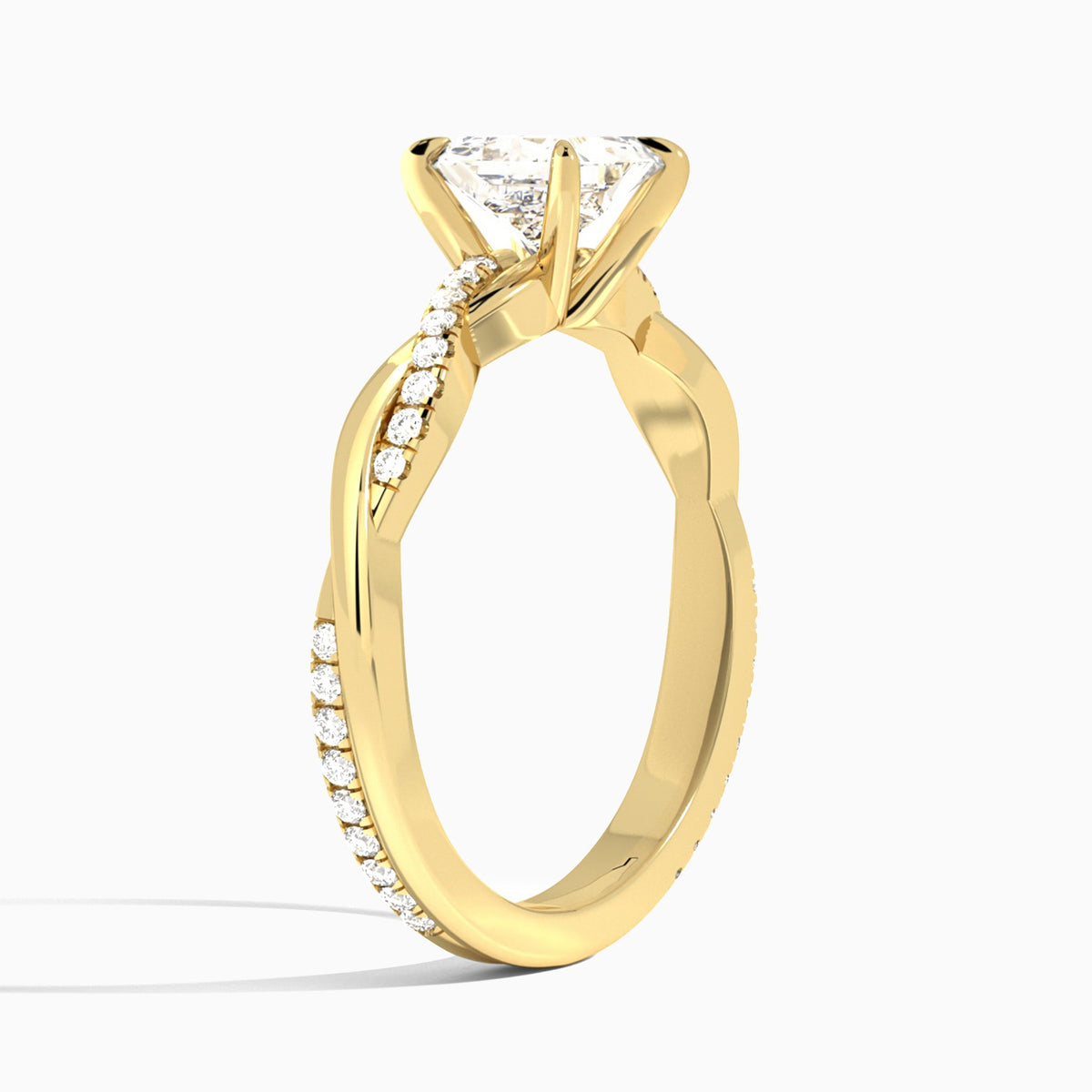 Princess Accented Twisted Vine Lab Diamond Engagement Ring In 14K Yellow Gold, Angle View