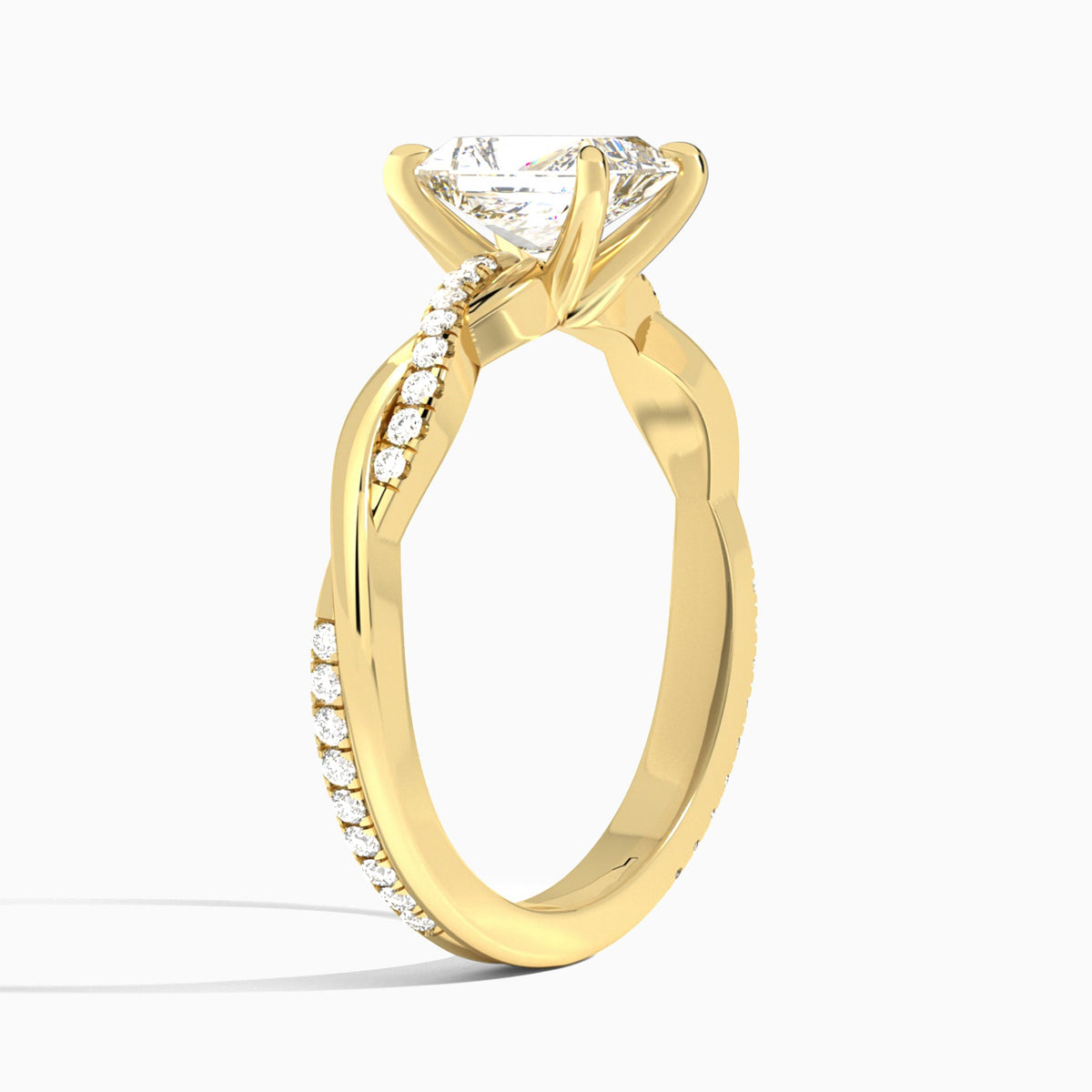 Radiant Accented Twisted Vine Lab Diamond Engagement Ring In 18K Yellow Gold, Angle View