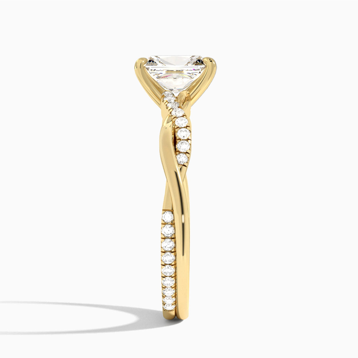 Radiant Accented Twisted Vine Lab Diamond Engagement Ring In 14K Yellow Gold, Side View