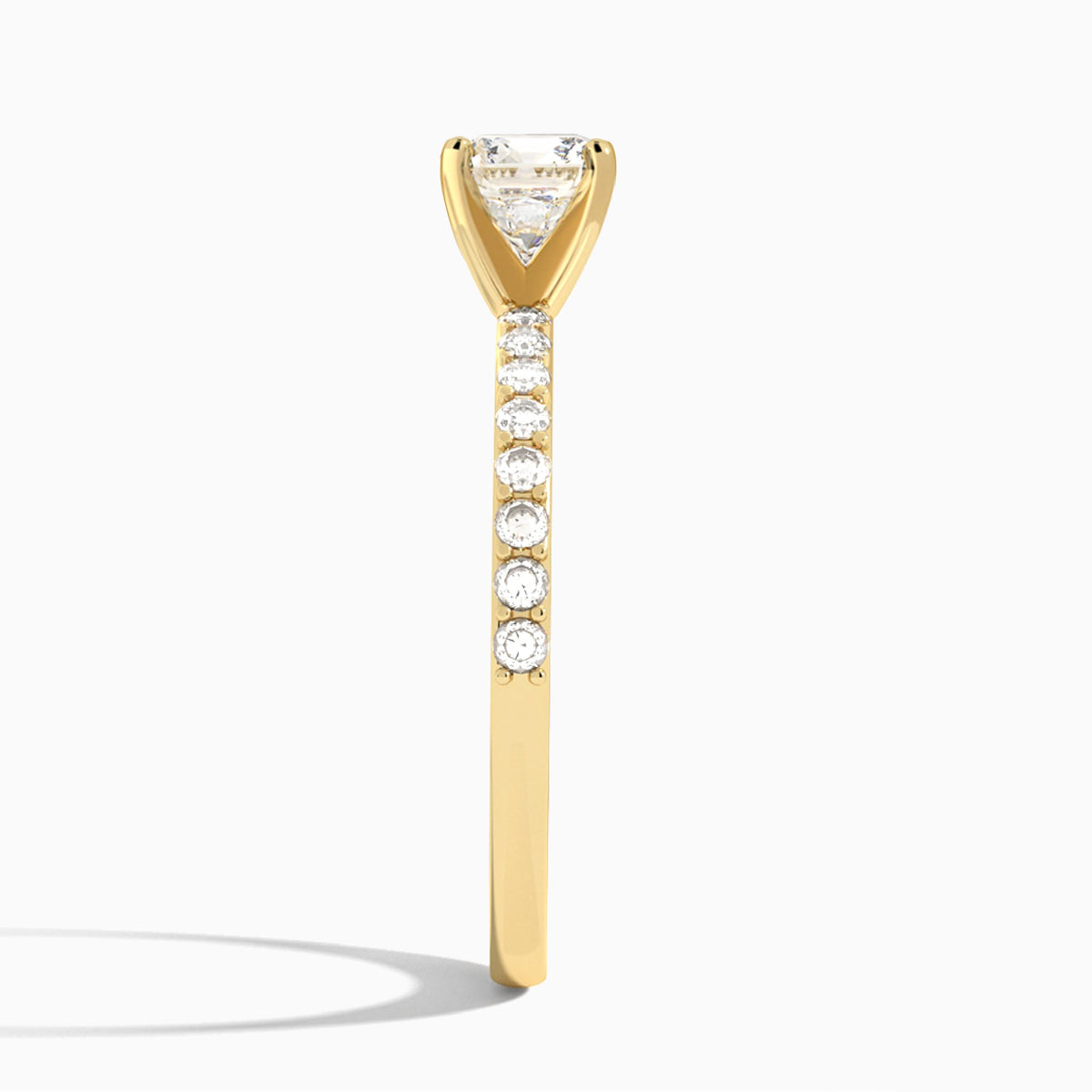 Cushion Petite Classic Lab Diamond Engagement Ring In 18K Yellow Gold, Side View
