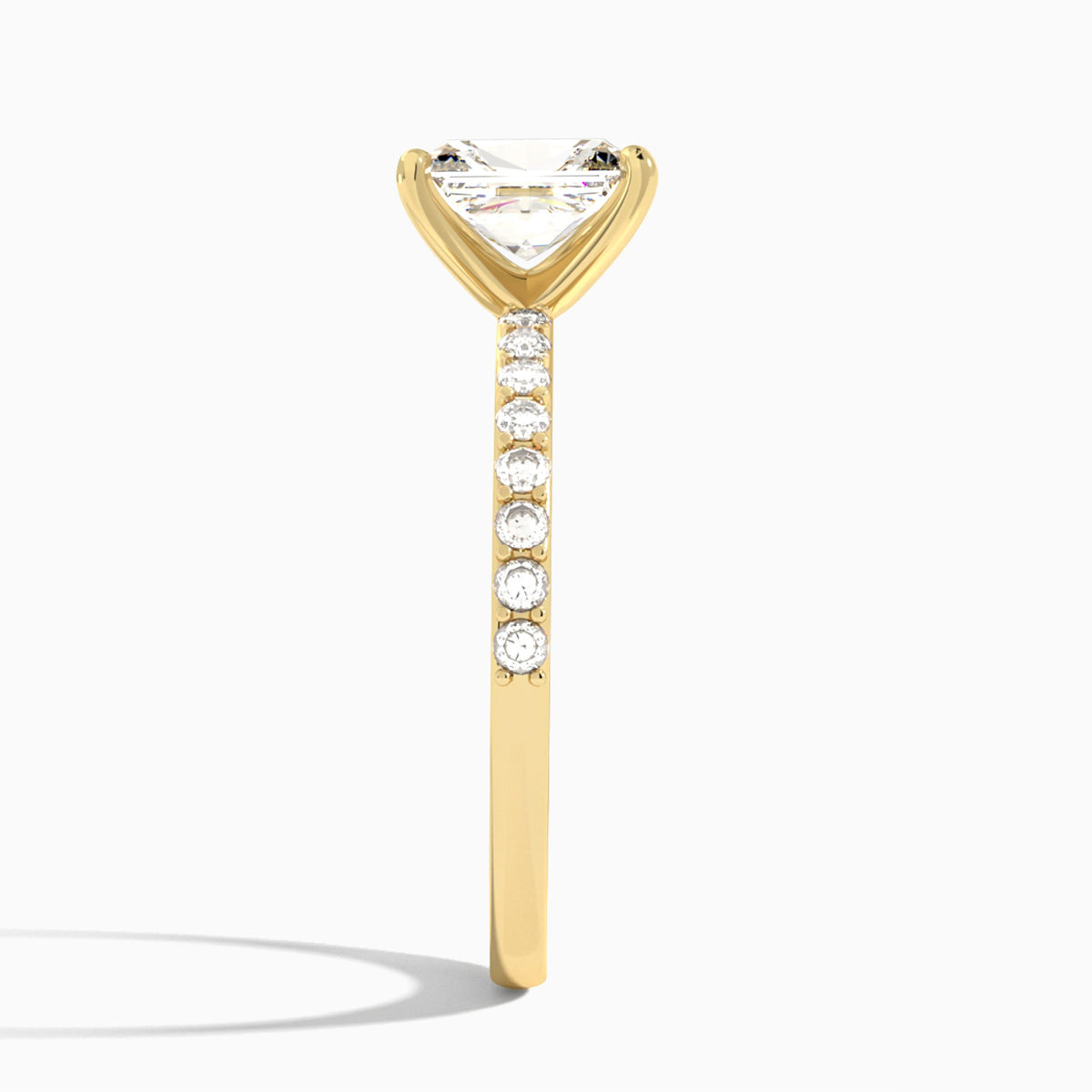 Radiant Petite Classic Lab Diamond Engagement Ring In 18K Yellow Gold, Side View