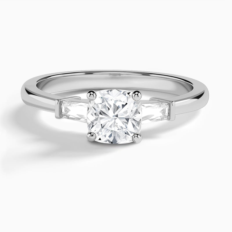 Cushion Tapered Baguette Lab Diamond Engagement Ring In 18K White Gold - Lucenjuri