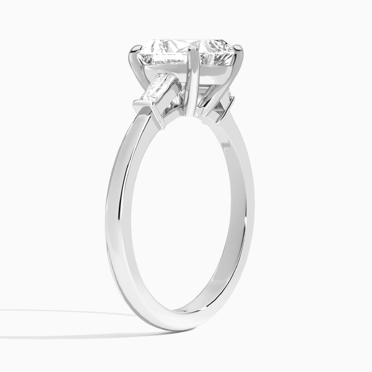 Radiant Tapered Baguette Lab Diamond Engagement Ring In 18K White Gold, Angle View