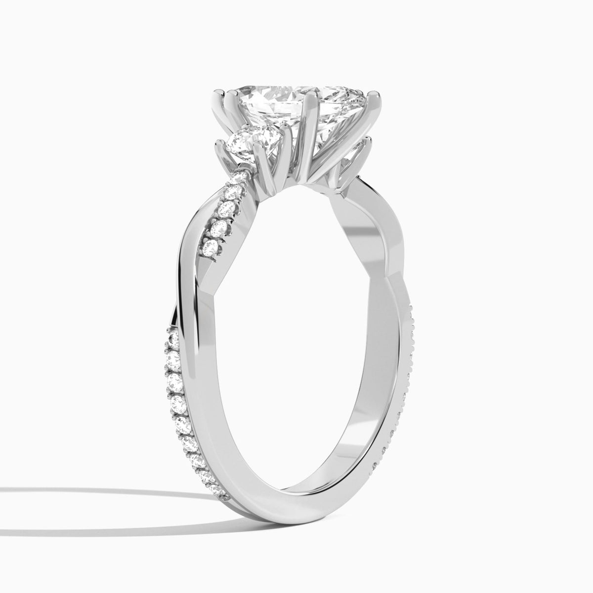 Marquise Three Stone Twisted Vine Lab Diamond Engagement Ring In Platinum, Angle View