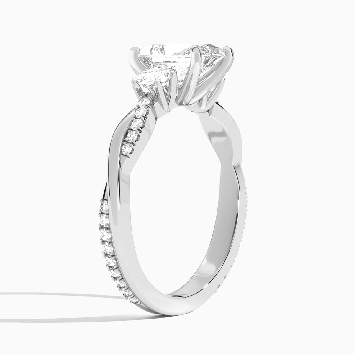 Radiant Three Stone Twisted Vine Lab Diamond Engagement Ring In Platinum, Angle View